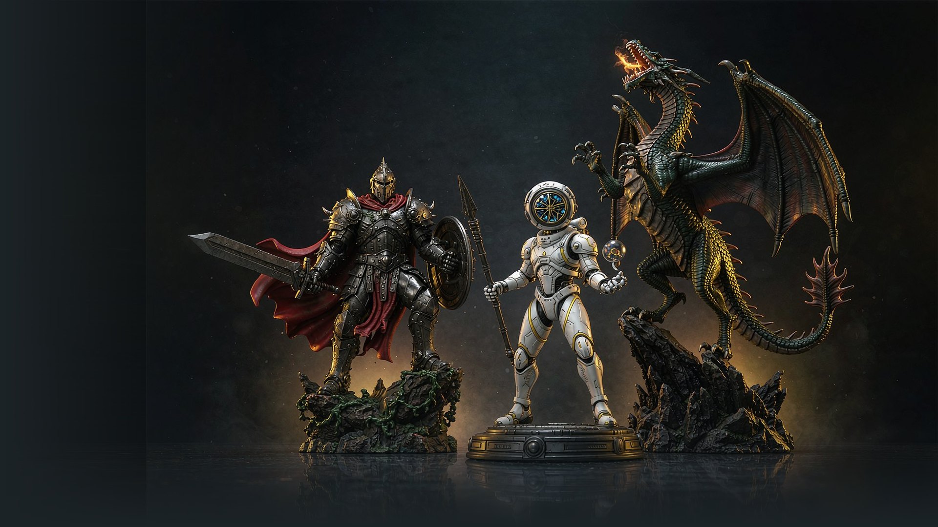 Three premium collectible statues on a dark display stage